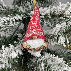 Christmas Ornament-Red And White Gnome Holding Tinsel -The Bridge Collection-